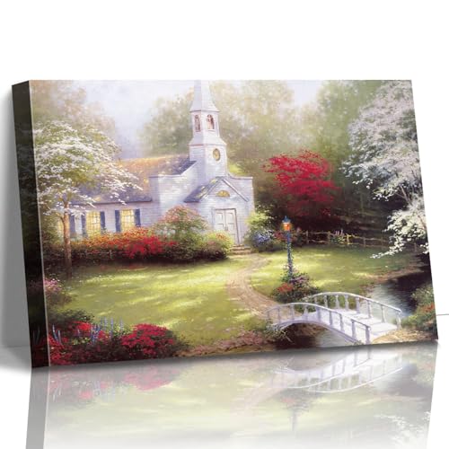 STUDIO HAVEN Thomas Kinkade Canvas Wall Art, White Church Flower-Lined Path Stone Bridge Stream Serene Morning Oil Painting Poster Landscape Wall Decor, Framed Prints for Home Decor, 16x12Inch - color: Thomas028, size: 16"L x 12"W