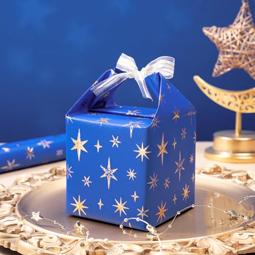 RUSPEPA Blue and Gold Eid Wrapping Paper Roll, Mini Roll, Royal Blue 3D Embossed Foil Star Design, Kraft Gift Wrap Paper for Ramadan, Wedding, Birthday, Baby Shower, Holiday, 17 Inches x 16.4 Feet - color: Blue Gold Foil Star, size: 17 in x 16.4 ft