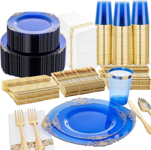Nervure 350Pcs Blue Plastic Plates, Plastic Dinnerware Set for 50 Guests - color: Transparent Blue