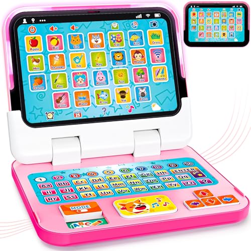 Kids Laptop Tablet for Toddler 1-3, 2-in-1 Toy Computer Learning Toys - color: Pink