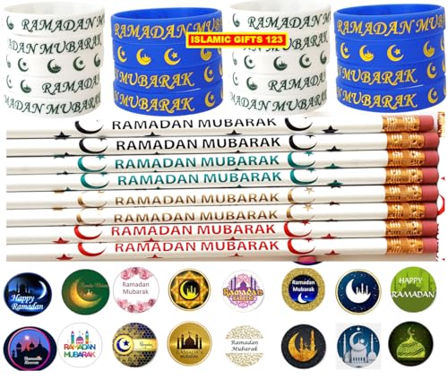 448 Pcs Ramadan Mubarak Pencils Wristbands Stickers Set Ramadan Gifts Muslim Wristbands Round Novelty Stickers Eid Mubarak Party Decorations Gifts for Muslims(Ramadan Pack) - color: Ramadan Pack