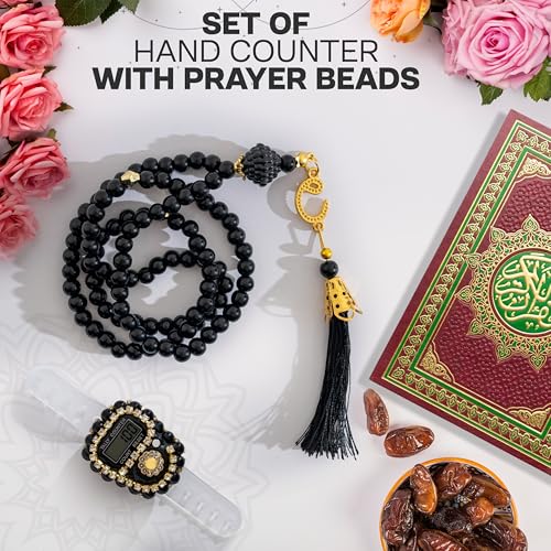 Islamic Tasbih Prayer Beads & Digital Tasbeeh Counter Set – 3 Pack Muslim Prayer Gift for Dhikr, Meditation & Ramadan, Elegant Beads with LCD Finger Counter in Heart-Shaped Gift Box (Black) - color: Black
