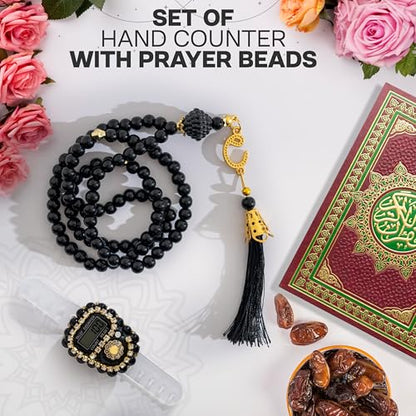 Islamic Tasbih Prayer Beads & Digital Tasbeeh Counter Set – 3 Pack Muslim Prayer Gift for Dhikr, Meditation & Ramadan, Elegant Beads with LCD Finger Counter in Heart-Shaped Gift Box (Black) - color: Black