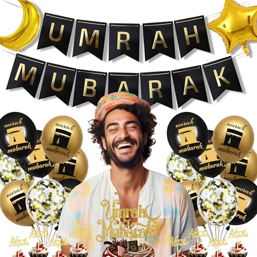 Umrah Mubarak Party Decoration Balloons - 33 Pcs Hajj Mubarak Black Gold Ramadan Eid Party Decorations Banners Star Moon Foil Balloon Cake Toppers for Happy Eid Muslim Islam Festival Decor Supplies