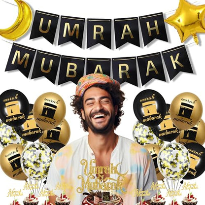 Umrah Mubarak Party Decoration Balloons - 33 Pcs Hajj Mubarak Black Gold Ramadan Eid Party Decorations Banners Star Moon Foil Balloon Cake Toppers for Happy Eid Muslim Islam Festival Decor Supplies