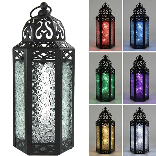 Vela Lanterns Decorative Indoor Fairy Light Color Changing Candle Holder, M | Multicolor Fantasy Lamp, Diwali & Ramadan Decorations, Eid Mubarak, Turkish Moroccan Metal Hanging, Patio, 10.5" Tall - color: Black/Multicolor, size: Medium