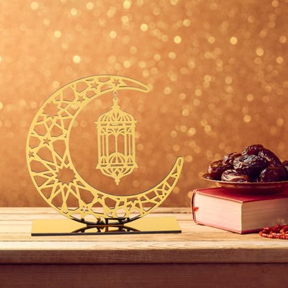 2 Pieces Acrylic Ramadan Decorations Islamic Eid Mubarak Kareem Table Sign Moon Hollow Star Ornament for Muslim Party Tabletop Decor Home Art Craft Decoration Golden Moon - style: House