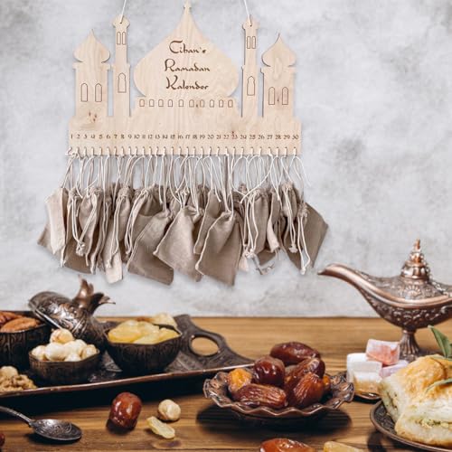 Ramadan Decorations Countdown Calendar, Wooden Advent Calendar with Cloth Pocket Eid Mubarak Decoration, 30 Days Eid Mubaraks Home Ornament, Ramadan Decor Wooden Wall Signs Wall Plaque