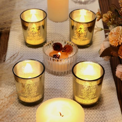Teenyyou 4 Pcs Islamic Decorations Votive Candle Holders Bulk Eid Al Adha Gifts Hajj Mubarak Gold Glass Tealight Holders Table Decors Centerpiece for Muslim Desk Bedroom Home Office