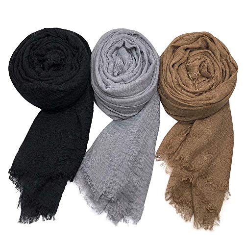 Summer Cotton Blend Crinkle Vintage Soft Scarf with Fringed Edges 35" × 70" - color: Black/Gray/Brown