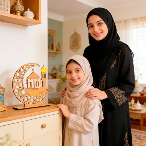 DPKOW Wooden Ramadan Advent Calendar Gifts Ramadan Decorations for Home, Crescent Mosque Countdown Calendar with Number Plates for Islamic Muslim Party Table Decor Moon Tabletop Decorations for Home