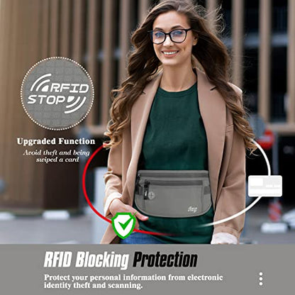 MoKo Travel Money Belt with RFID Blocking, 3 Pockets, Gray | Slim 210D water-resistant nylon design fits discreetly under clothing; adjustable strap fits 28-50 in waists - color: Gray, size: Waist for 28"-50"