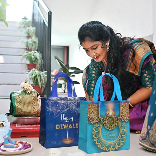 Colodeol 16 Pcs Diwali Gift Bags, Happy Diwali Tote Bags with Handles Non-woven Treat Bags Bulk for Indian Light Festival Party Decoration Favor