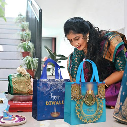 Colodeol 16 Pcs Diwali Gift Bags, Happy Diwali Tote Bags with Handles Non-woven Treat Bags Bulk for Indian Light Festival Party Decoration Favor