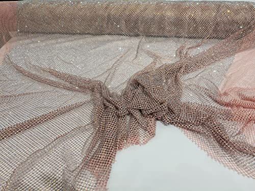 New Creations Fabric & Foam Inc, 45" Wide AB Iridescent Rhinestone On Soft Stretch Fish Net Fabric by The Yard (1 Yard, Iridescent Rhinestones on Blush Mesh) - color: Iridescent Rhinestones on Blush Mesh
