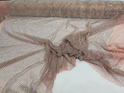 New Creations Fabric & Foam Inc, 45" Wide AB Iridescent Rhinestone On Soft Stretch Fish Net Fabric by The Yard (1 Yard, Iridescent Rhinestones on Blush Mesh) - color: Iridescent Rhinestones on Blush Mesh