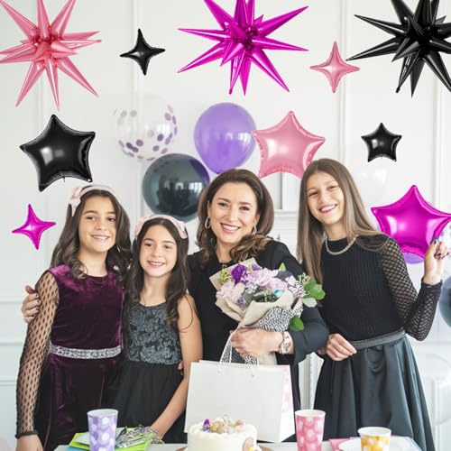 Black Hot Pink Star Balloons,16Pcs 22/18/10 Inch Foil Mermaid Decor Set - color: Black Hot Pink