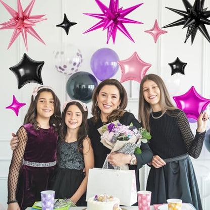 Black Hot Pink Star Balloons,16Pcs 22/18/10 Inch Foil Mermaid Decor Set - color: Black Hot Pink