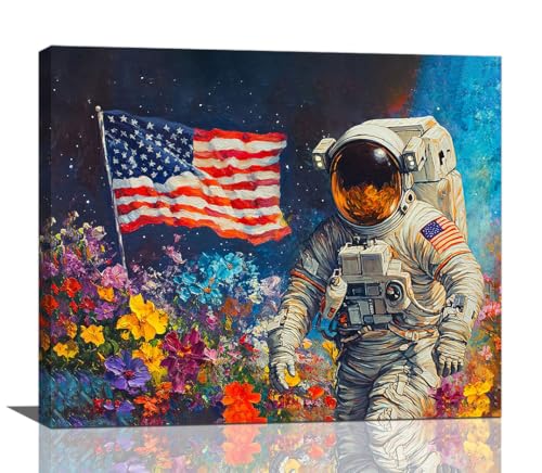 Astronaut Wall Art Outer Space Flowers Pictures Wall Decor American Flag Canvas Prints Painting Framed Modern Artwork Home Decoration for Living Room Bathroom Bedroom Office 20"X24" - color: Astronaut, size: 20"L x 24"W