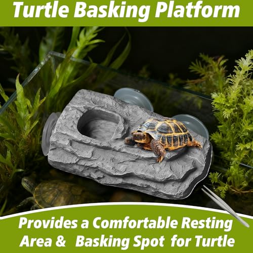 Turtle Floating Basking Platform with 3 Suction Cups & Water Bowl, Turtle Basking Platform with Feeding Tweezer for Frogs, Terrapins, Lizards(8.2×3.14×1.2 inch, Grey)