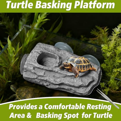 Turtle Floating Basking Platform with 3 Suction Cups & Water Bowl, Turtle Basking Platform with Feeding Tweezer for Frogs, Terrapins, Lizards(8.2×3.14×1.2 inch, Grey)