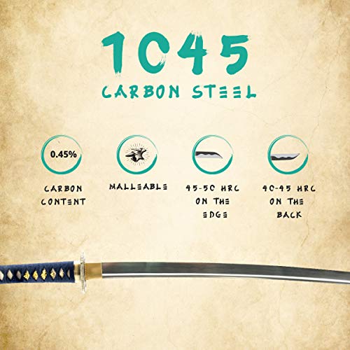 Hand Forged 1045 Carbon Steel Blue Dragon Katana Full Tang Sword | hand-sharpened for tameshigiri, bo-hi groove, openwork guard, navy ito wrap, black saya