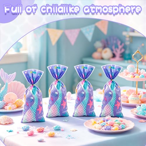 LERCTH 50 PCS Mermaid Gift Bags with Twist Ties - 4.9x10.7 Inch Treat Bags, Mermaid Tail Design Party Favor Bags for Mermaid Theme Party, Ocean Birthday, Summer Pool Party & Beach Events - color: Mermaid goodie bags 50packs