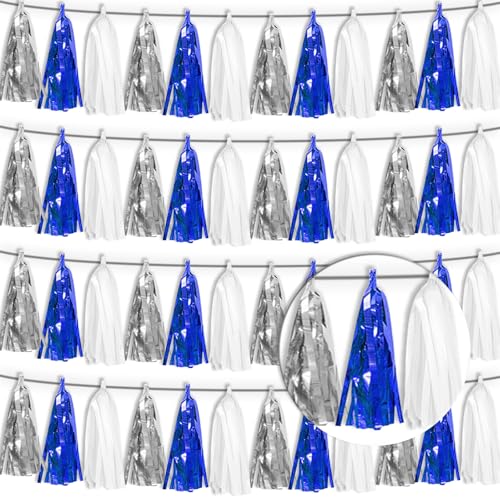 4P Navy Blue White Silver Tassel Banner Garland Metallic Foil Fringe Banner Tinsel Tassels Streamer Banner Backdrop for Parade Floats, 2025 Graduation Decorations, Retirement Party Decorations - color: Navy Blue White Silver