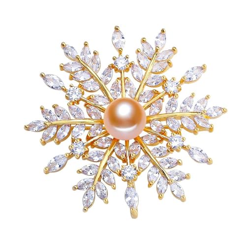 14K Gold Autumn Winter Coat Moissanite Brooch, Snowflake Clothing Pin with Natural Freshwater Pearl, Perfect Holiday Gifts, Broaches for Women Vintage - color: Yellow Gold,White Crystal