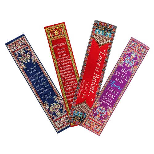 Mighty Woman of God, Themed Assortment of 4 Woven Fabric Bible Verse Bookmarks, Silky Soft & Flexible Religious Bookmarkers for Novels Books & Bibles, Woven Design, Memory Verse Gift - color: Mighty Woman of God