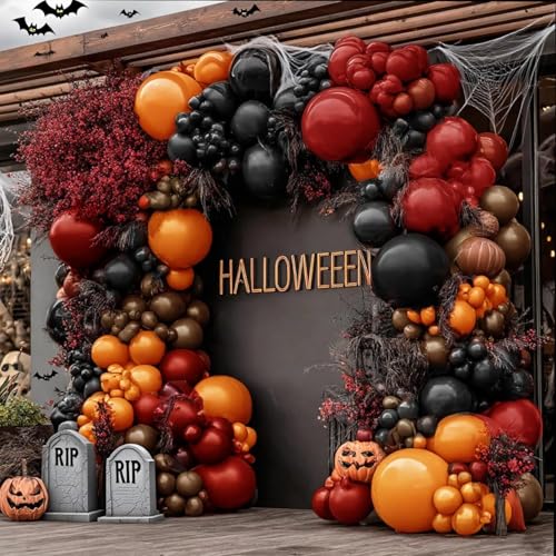 Halloween Balloon Garland, Double Stuffed Black Orange Red Dark Burgundy Brown Balloon Arch Kit for Halloween Decor Spooky Trick or Treat Fall Party Decorations - color: Black Orange Red