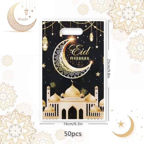 Eid Mubarak Gift Bags with Die Cut Handles, 50pcs - Gold Muslim Mosque Moon Stars Lantern Print Ramadan Theme Black Goodie Candy Snack Plastic Bags Pouch for Muslim Islamic Diwali Party Favor Kids Gifts