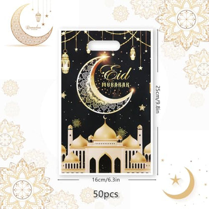Eid Mubarak Gift Bags with Die Cut Handles, 50pcs - Gold Muslim Mosque Moon Stars Lantern Print Ramadan Theme Black Goodie Candy Snack Plastic Bags Pouch for Muslim Islamic Diwali Party Favor Kids Gifts