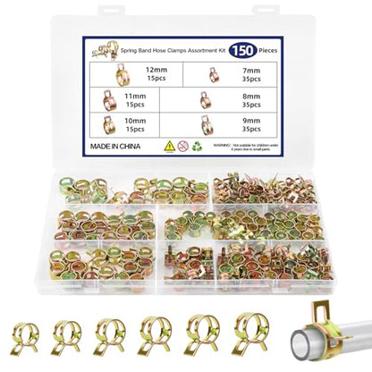 150Pcs Spring Band Hose Clamps Assortment Kit, Fuel Line Hose Clamps, Low Pressure Air Spring Clips for Silicone Vacuum Hose Pipe Clamps, 6 Sizes (7mm 8mm 9mm 10mm 11mm 12mm)