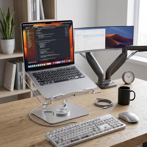 Adjustable Acrylic Laptop Stand for Desk, Ergonomic Aluminum Laptop Riser, Computer Stand for Laptop, Book Holder, for iPad, Tablets, Compatible with MacBook,Sturdy Foldable Design with Swivel Base. - style: ROTATING BASE