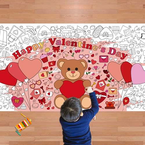 Valentines Giant Coloring Poster/Tablecloth-Valentines Day Gifts for Kids Classroom School-30 x 72 Inches Jumbo Coloring Banner Kids Crafts Games Activities Toys Decor Party Decorations - style: Valentines Day