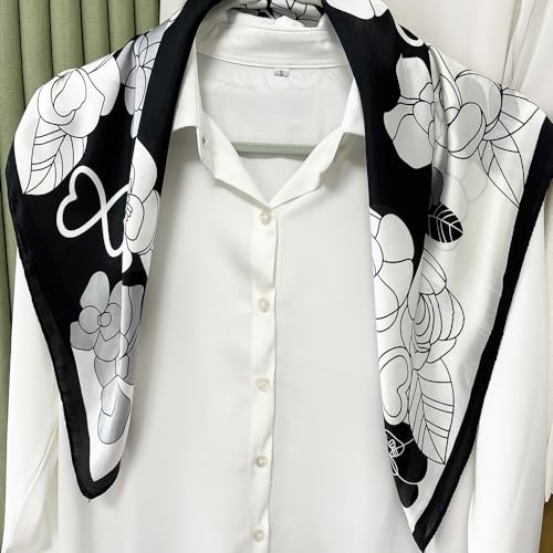 FONYVE Silk Feeling Scarf Medium Square Satin Head Scarf for Women 27.5 × 27.5 inches - color: 03 White & Black Flowers