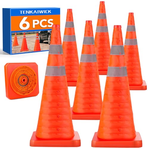 TENKAIWICK 28 Inch 6 Pack Traffic Cones, Collapsible Safety Cones, Multi Purpose Pop-up Cones with Reflective Collar, Orange Cones for Parking lot, Driveway, Driving Training etc - size: 28Inch