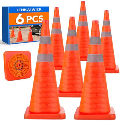 TENKAIWICK 28 Inch 6 Pack Traffic Cones, Collapsible Safety Cones, Multi Purpose Pop-up Cones with Reflective Collar, Orange Cones for Parking lot, Driveway, Driving Training etc - size: 28Inch