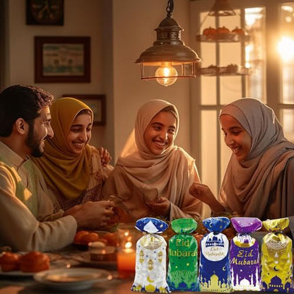 Hying 100 PCS Eid Mubarak Cellophane Bags with Twist Ties for Gift, Ramadan Cello Bag Eid Mubarak Castle Candy Bags Muslim Festival Moon Star Treat Bags for Cookie Candy Goodies Wrapping Supplies - color: Style 1: Eid Bags