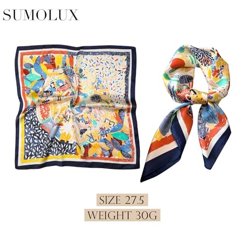 Sumolux Head Hair Scarf for Women Like Satin Silk Scarf Bandana Hair Wrapping Night Large Square Scarves 27.5" - color: Blue Lucky Flower