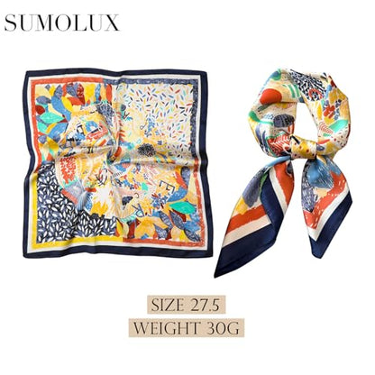 Sumolux Head Hair Scarf for Women Like Satin Silk Scarf Bandana Hair Wrapping Night Large Square Scarves 27.5" - color: Blue Lucky Flower