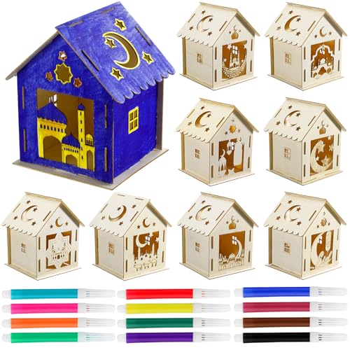 Wenqik 9 Pcs Eid Mubarak Wooden House with 12 Watercolor Pens DIY Graffiti Crafts Ramadan Decorations Wooden Eid Houses for Kids Paint Project Party Supplies Decorations