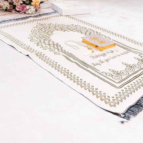IEF Personalized Embroidered Prayer Rug Prayer Beads Yaseen Dua Book Quran Islamic Gift Set Ramadan Eid Hajj Umrah Wedding Birthday Mother's Day Father's Day Valentine's Day Gifts (Beige) - color: Beige