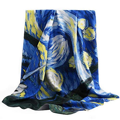 100% Mulberry Silk Scarf-Printed or Solid Color 35” Square Large Silk Hair Head Wrap Scarf With Gift Box Package - color: A Pattern: the Starry Night (Van Gogh)