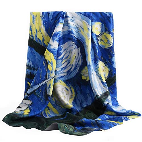 100% Mulberry Silk Scarf-Printed or Solid Color 35” Square Large Silk Hair Head Wrap Scarf With Gift Box Package - color: A Pattern: the Starry Night (Van Gogh)