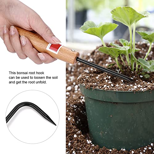 Bonsai Root Hook, Gardening Manganese Steel Root Rake with Ergonomic Wooden Handle, Bonsai Tools for Potted Plants Gardening Work Weeding Tool