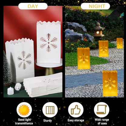Sabary 50 Sets Luminary Bags with Flameless Tea Lights Outdoor Luminaries LED Lantern Candle Bags for Wedding Birthday Ramadan Christmas Party Decorations Romantic Decor(Snowflake) - style: Snowflake