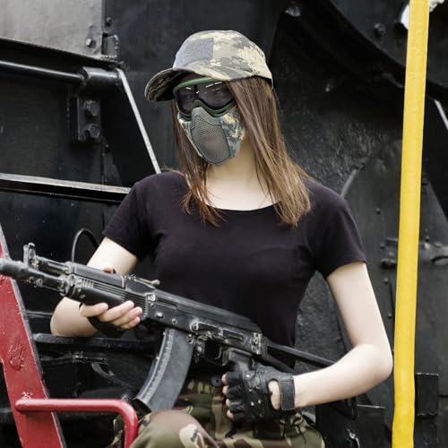 Airsoft Mask with Goggles, Foldable Half Face Airsoft Mesh Mask with Ear Protection for Paintball Shooting Cosplay CS Game - color: 3pcs-ACU+green, size: 3pcs