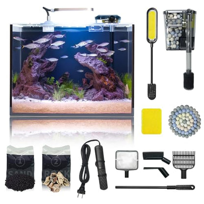 5 Gallon Small Aquarium Set Glass Fish Tank 6 Gallon, Starter Kit with Heater Water Pump Cleaning System Filter Bright Light Rocks Gravel Cleaning Tool, Clear Rimless Betta Plants - size: 5 Gallon
